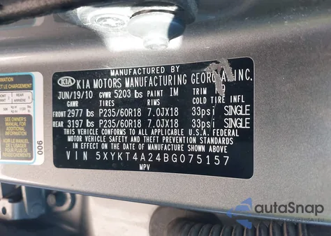 2011 Kia Sorento Lx V6 из США, поврежденный, VIN 5XYKT4A24BG075157